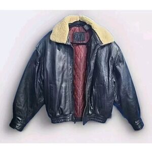 Vtg Hunt Club Black Leather Bomber Flight Jacket Men Lg Wool Collar Heavy Clean!